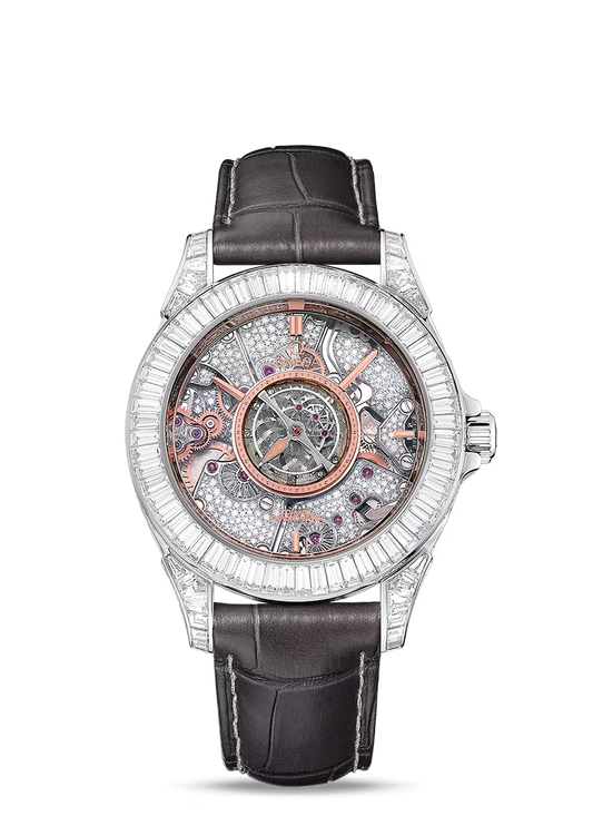 Omega De Ville Platinum 38.7 MM - Grey Leather Strap - Diamond Bezel - Skeleton Diamond Dial - 513.98.39.21.56.001