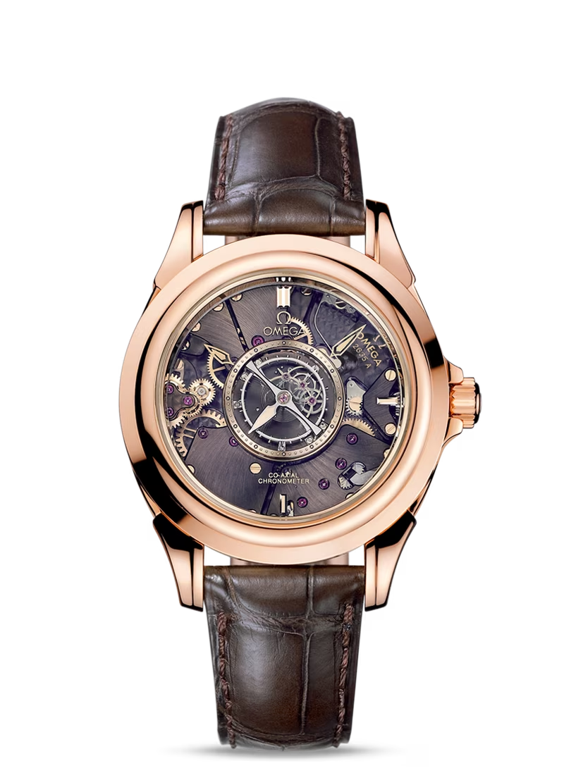 Omega De Ville Rose Gold 38.7 MM - Brown Leather Strap - Skeleton Dial - 513.53.39.21.99.001