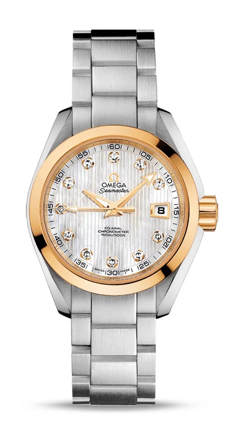 Omega Seamaster Aqua Terra Co Axial Yellow Gold and Stainless Steel 30 MM - Yellow Gold and Stainless Steel Bracelet - White Mother-Of-Pearl Diamond Dial - 231.20.30.20.55.004
