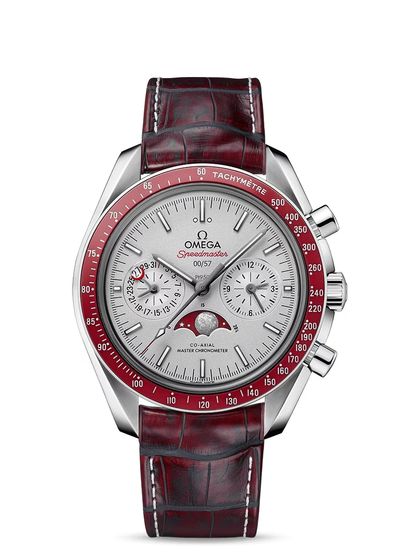 Omega Speedmaster Platinum 44.25 MM - Red Leather Strap - Silver Dial - 304.93.44.52.99.001