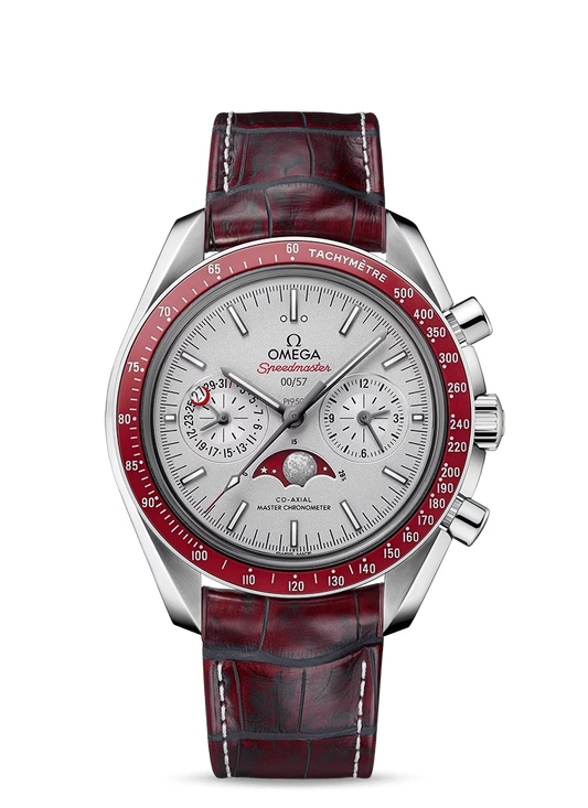 Omega Speedmaster Platinum 44.25 MM - Red Leather Strap - Silver Dial - 304.93.44.52.99.001