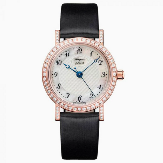 Breguet Classique Rose Gold 30 MM - Black Satin Strap - Diamond Bezel - Mother of Pearl Dial - 8068BR/59/764/DD00