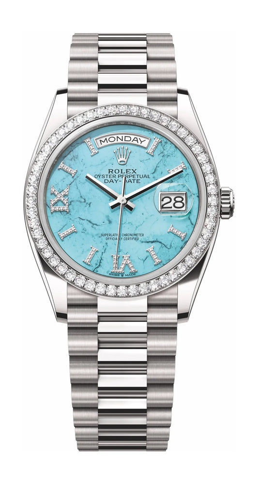 Rolex White Gold Day-Date Watch - 36 MM - President Bracelet - Diamond Bezel - Turquoise Roman Dial - 128349RBR-0031