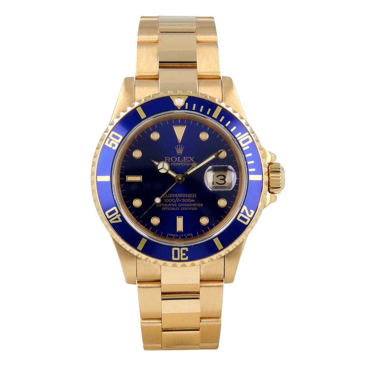 Rolex Yellow Gold Submariner Watch 40 MM - Oyster Bracelet - Blue Dial - 16618 LB