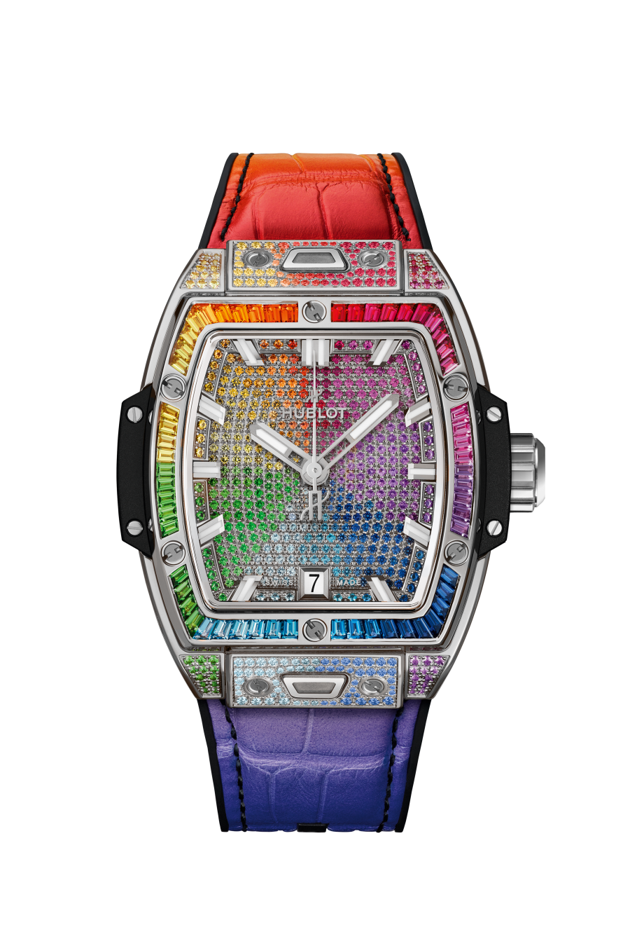 Hublot Spirit of Big Bang Titanium Rainbow 39 MM - Black Rubber and Multicolored Alligator Leather Straps - Diamond Bezel - Colored Gemstones Dial  - 662.NX.9900.LR.0999