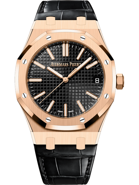 Audemars Piguet Royal Oak Pink Gold Selfwinding 41 MM - Black Leather Strap - Black Dial - 15510OR.OO.D002CR.01