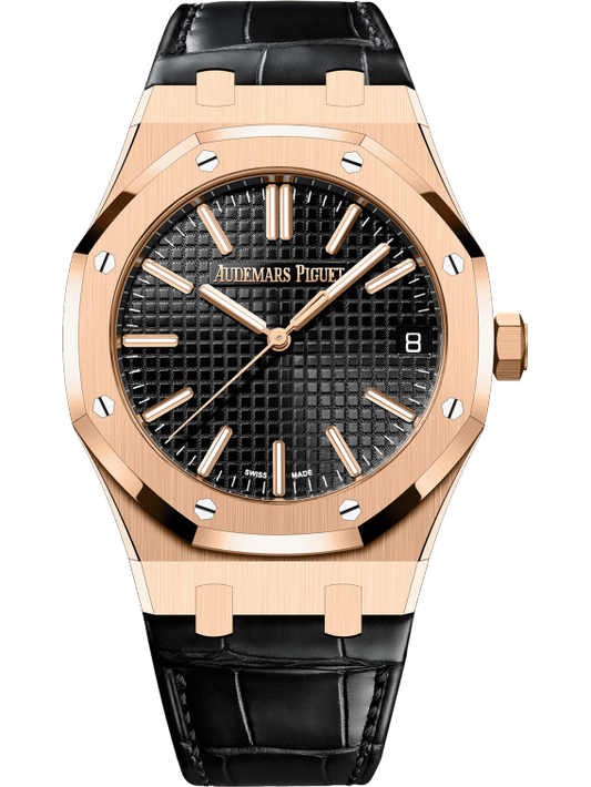 Audemars Piguet Royal Oak Pink Gold Selfwinding 41 MM - Black Leather Strap - Black Dial - 15510OR.OO.D002CR.01