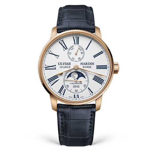 Ulysse Nardin Marine Rose Gold 42 MM - Blue Leather Strap - White Enamel Dial - 1192-310-0A/1A